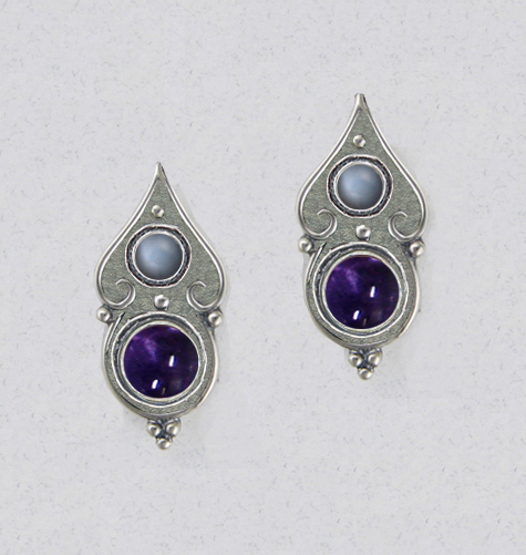 Sterling Silver Gothic Look Post Stud Earrings With Iolite And Grey Moonstone